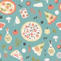 Seamless pattern of pizza and ingredients for pizza. Hand drawn vector illustration.